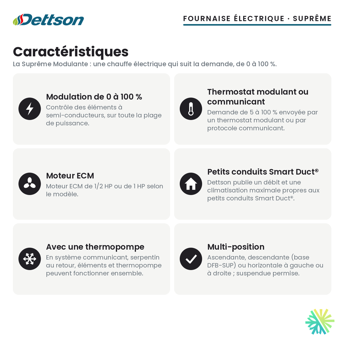 Fournaise électrique Dettson Suprême Modulante — caractéristiques de la série