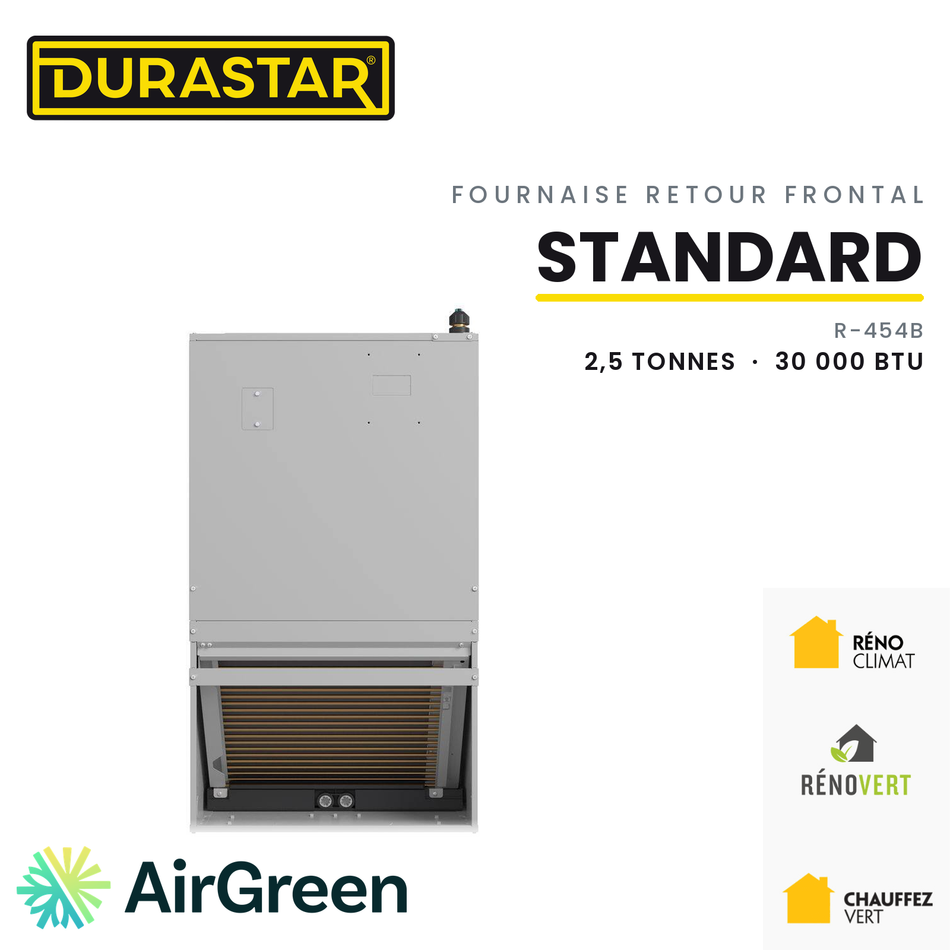 Fournaise Électrique Retour Frontal DURASTAR Standard | 2.5 Tonnes - 30000 BTU - R454B — installée par AirGreen à Montréal, Laval, Longueuil, Rive-Sud et Rive-Nord