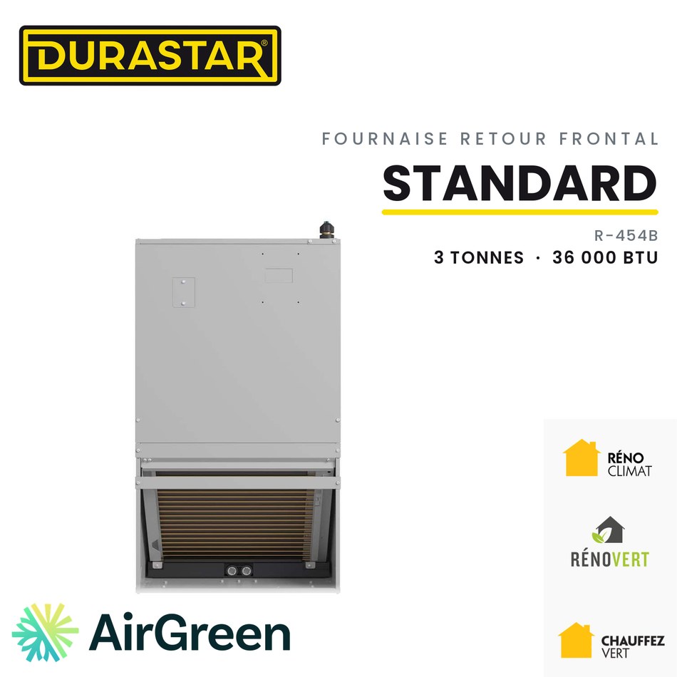 Fournaise Électrique Retour Frontal DURASTAR Standard | 3 Tonnes - 36000 BTU - R454B — installée par AirGreen à Montréal, Laval, Longueuil, Rive-Sud et Rive-Nord