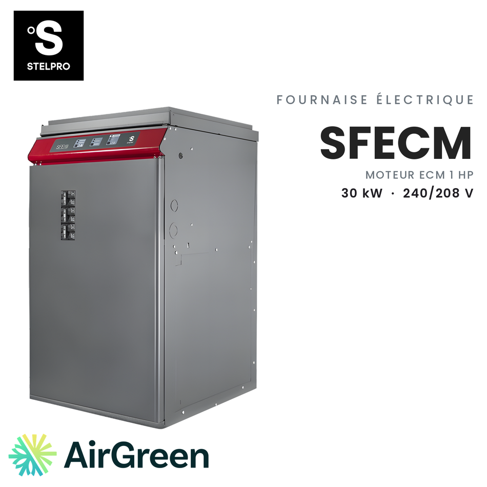 Fournaise électrique Stelpro SFECM SFECM3021, 30 kW — installation par AirGreen à Montréal, Laval, Longueuil, Rive-Sud et Rive-Nord