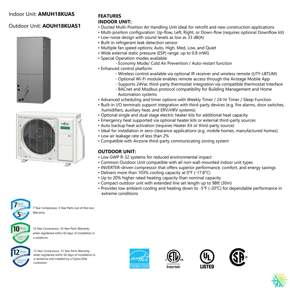 Thermopompe centrale FUJITSU CENTAURI R32 | 1.5 Tonnes - 18000 BTU