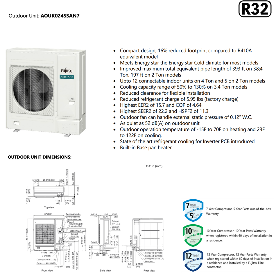 FUJITSU AIRSTAGE J-7S Mini-VRF | 24000 BTU - 5 Zones R32