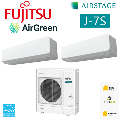 FUJITSU AIRSTAGE J-7S Mini-VRF | 24000 BTU - 2 Zones R32 air conditioning units with AirGreen logos.