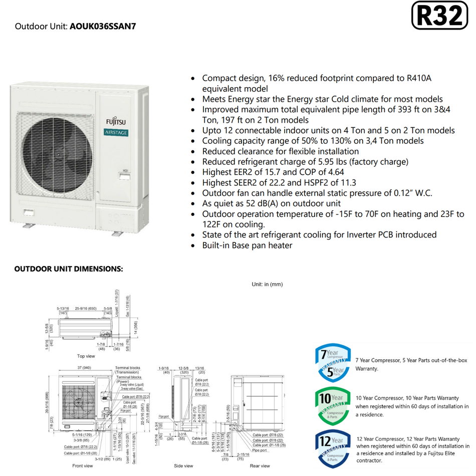 FUJITSU AIRSTAGE J-7S Mini-VRF R32 | 36000 BTU - 2 Têtes