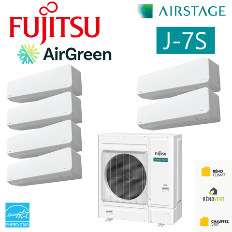 FUJITSU AIRSTAGE J-7S VRF R32 | 48000 BTU - 6 Unités Intérieures, unité extérieure et 6 unités intérieures, système CVAC haute efficacité