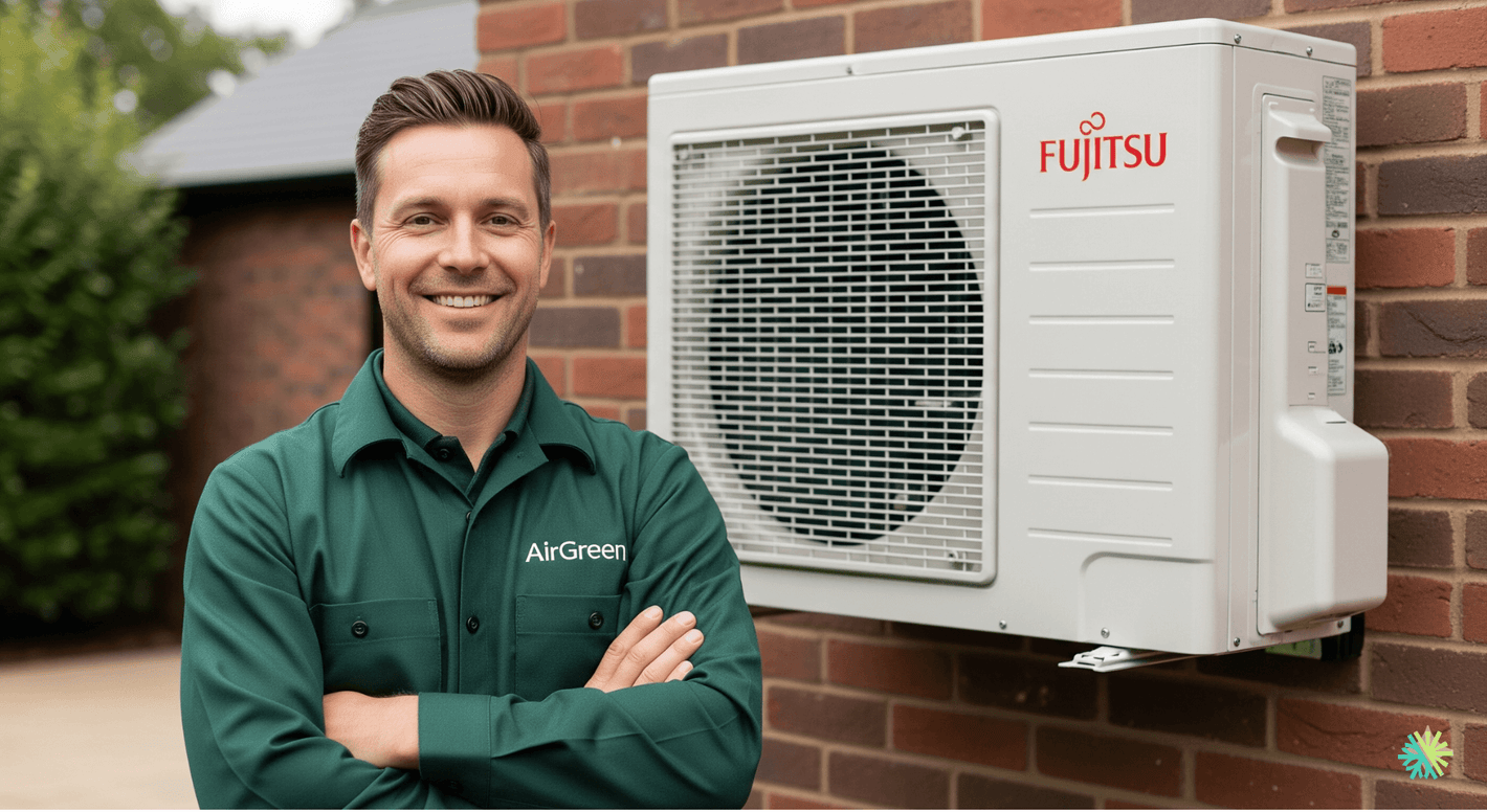Technician in green uniform standing next to a Fujitsu air conditioning unit on a brick wall.