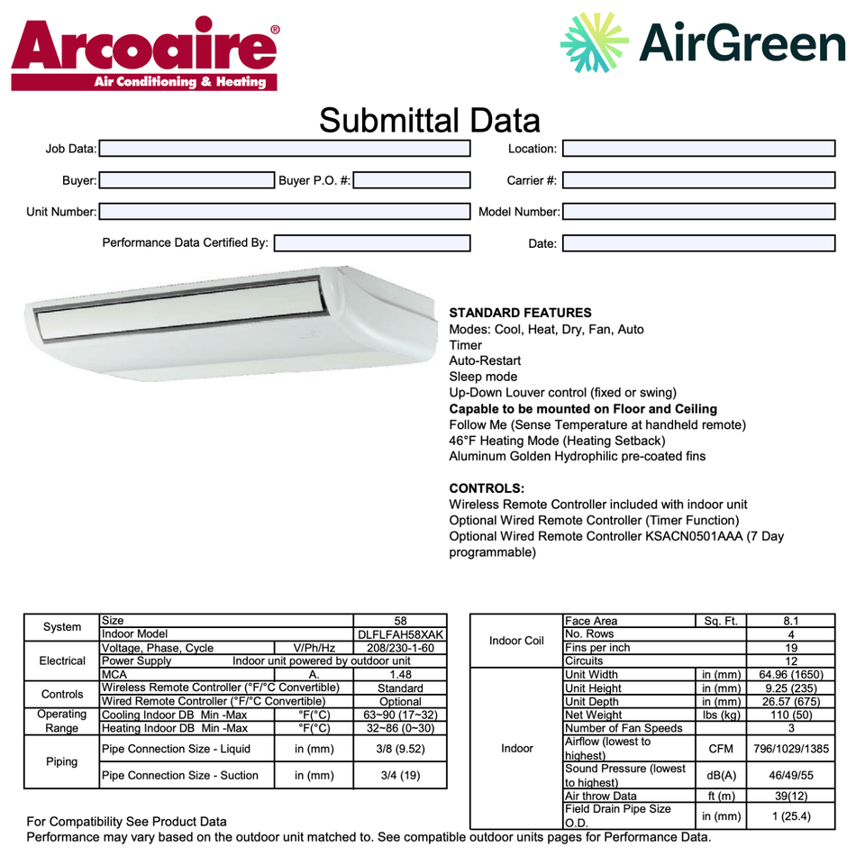 ARCOAIRE Indoor Floor-Ceiling Unit | 58,000 BTU | Montreal, Laval, Longueuil, South Shore and North Shore