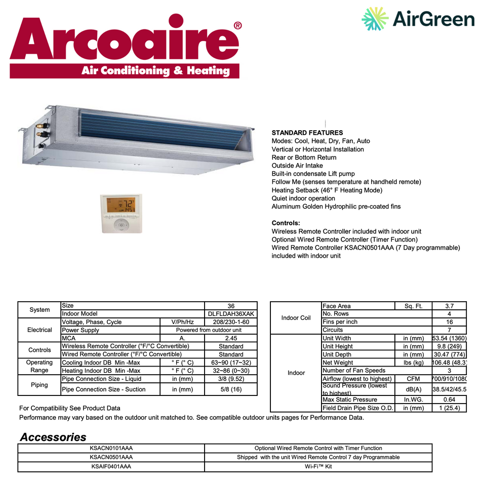 ArcoAire Concealed Duct DLFSDA | 36 000 BTU | Montreal, Laval, Longueuil, South Shore and North Shore