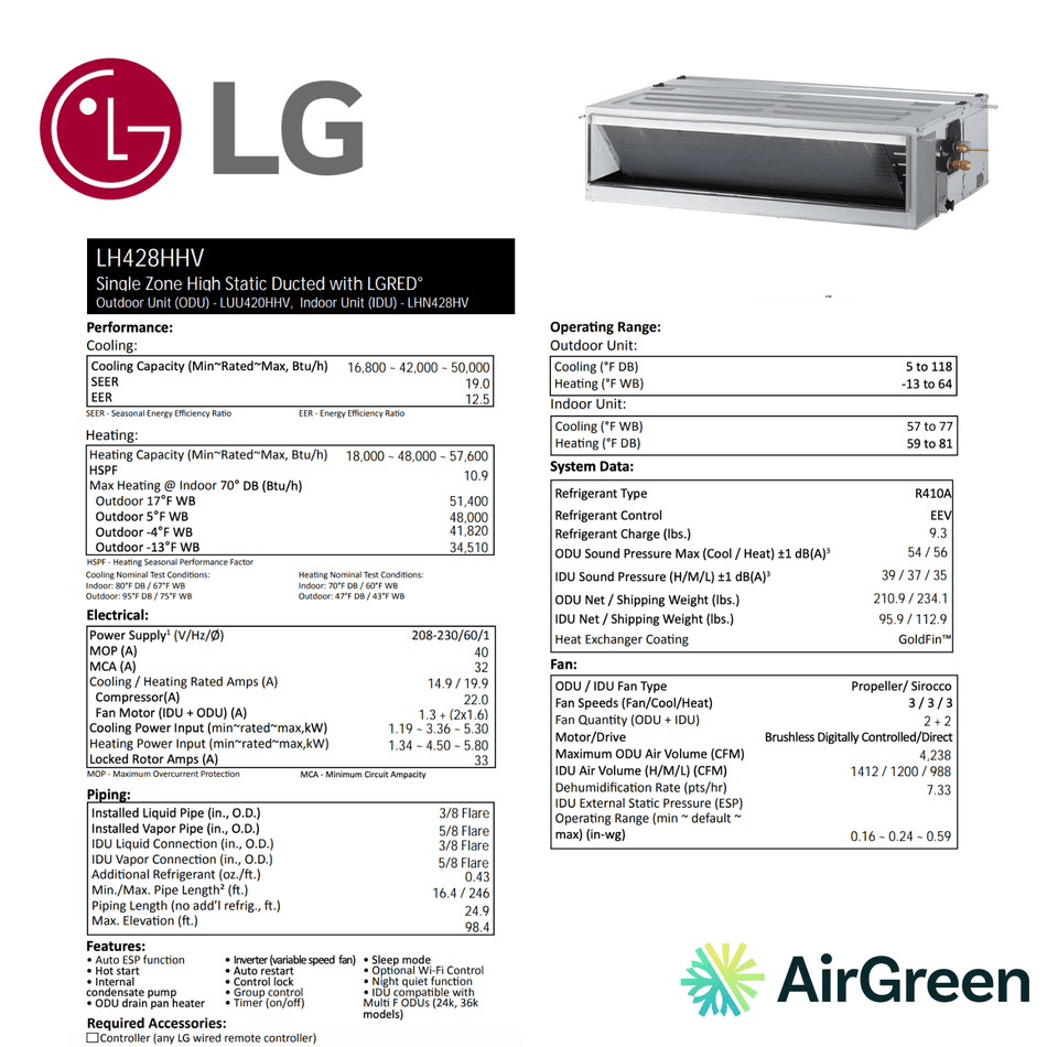 LG High Static Pressure Ducted | 42 000 BTU | Montreal, Laval, Longueuil, South Shore and North Shore