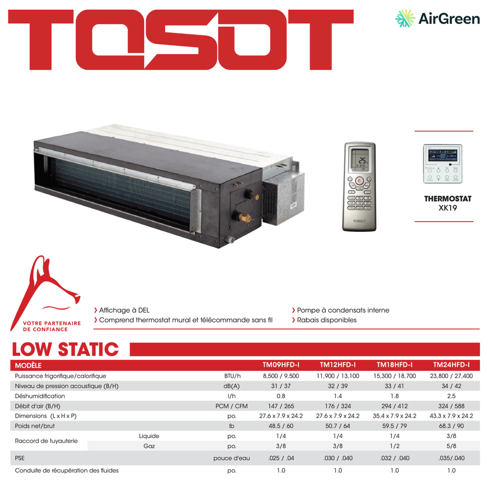 Low Pressure Slim Duct System TOSOT | 9 000 BTU | Montreal, Laval, Longueuil, South Shore & North Shore