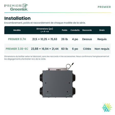 GreenTek PREMIER 3.0E-EC — dimensions et installation