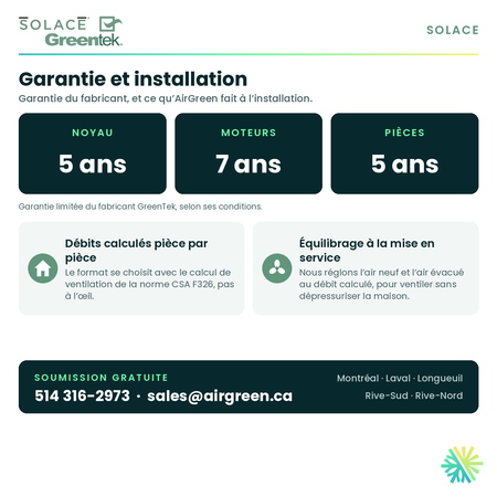 GreenTek SOLACE 1.0E — garantie du fabricant et installation AirGreen