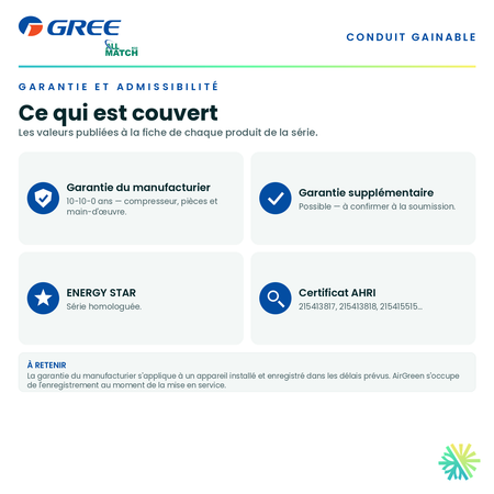 Garantie du manufacturier, garantie supplémentaire, homologation ENERGY STAR et admissibilité de la série · Thermopompe Gainable GREE All Match Slim Duct R32 9 000 BTU · AirGreen, Montréal, Laval, Longueuil, Rive-Sud et Rive-Nord