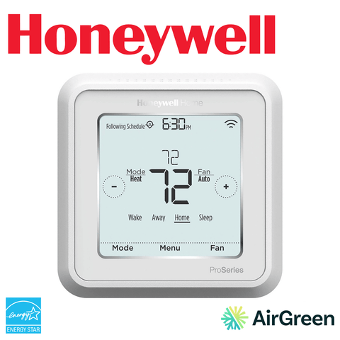 Thermostat HONEYWELL T6 PRO SMART MULTI-STAGE 3 HEAT/2 COOL displayed with AirGreen logo.