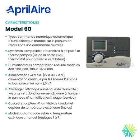 Fiche technique : Humidistat APRILAIRE Model 60 — AirGreen, Montréal, Laval, Longueuil, Rive-Sud et Rive-Nord