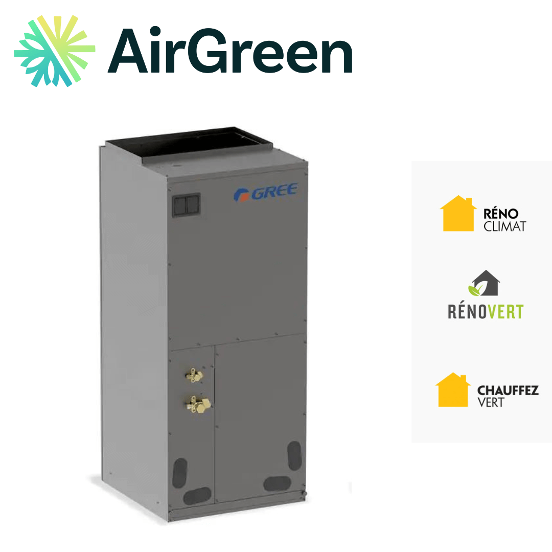 AirGreen Gree heat pump with energy efficiency logos from RénoClimat, RénoVert, and Chauffez Vert programs.