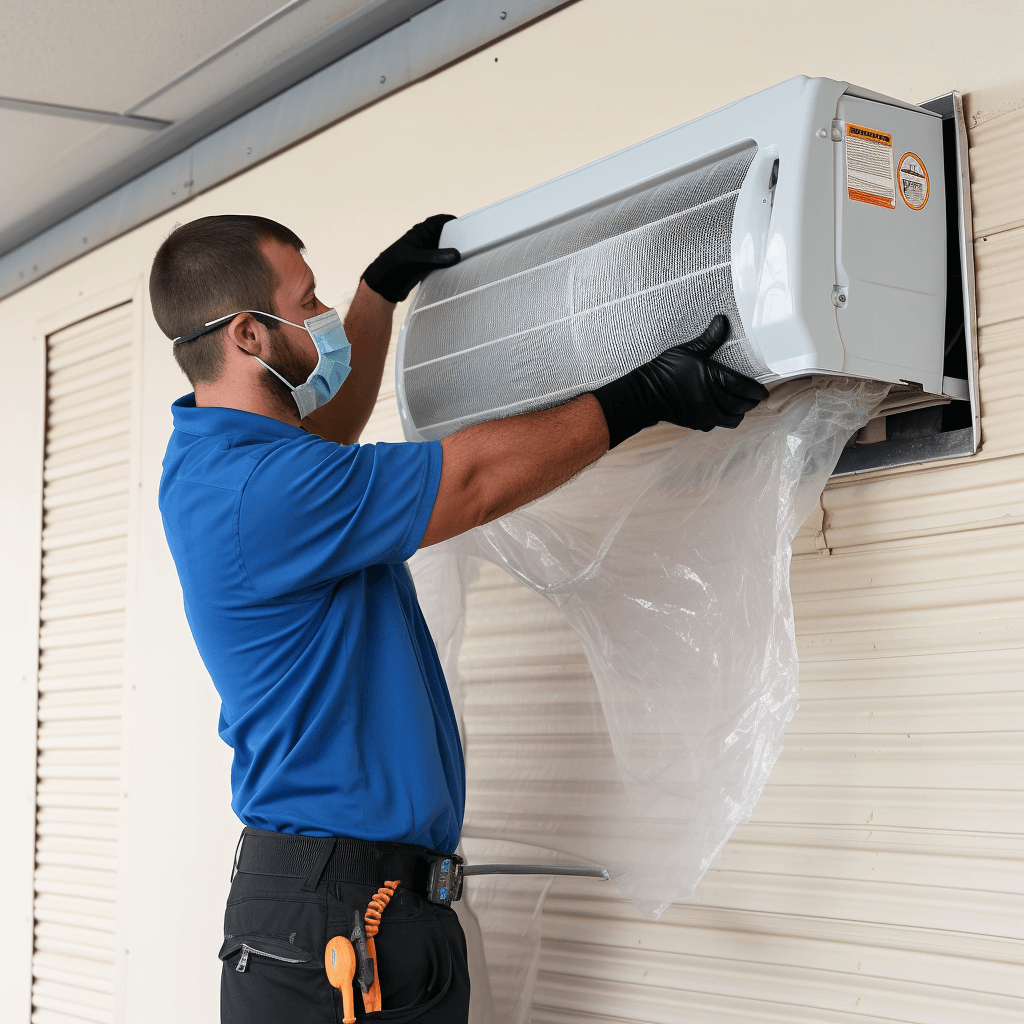 AirGreen technician cleaning a wall heat pump