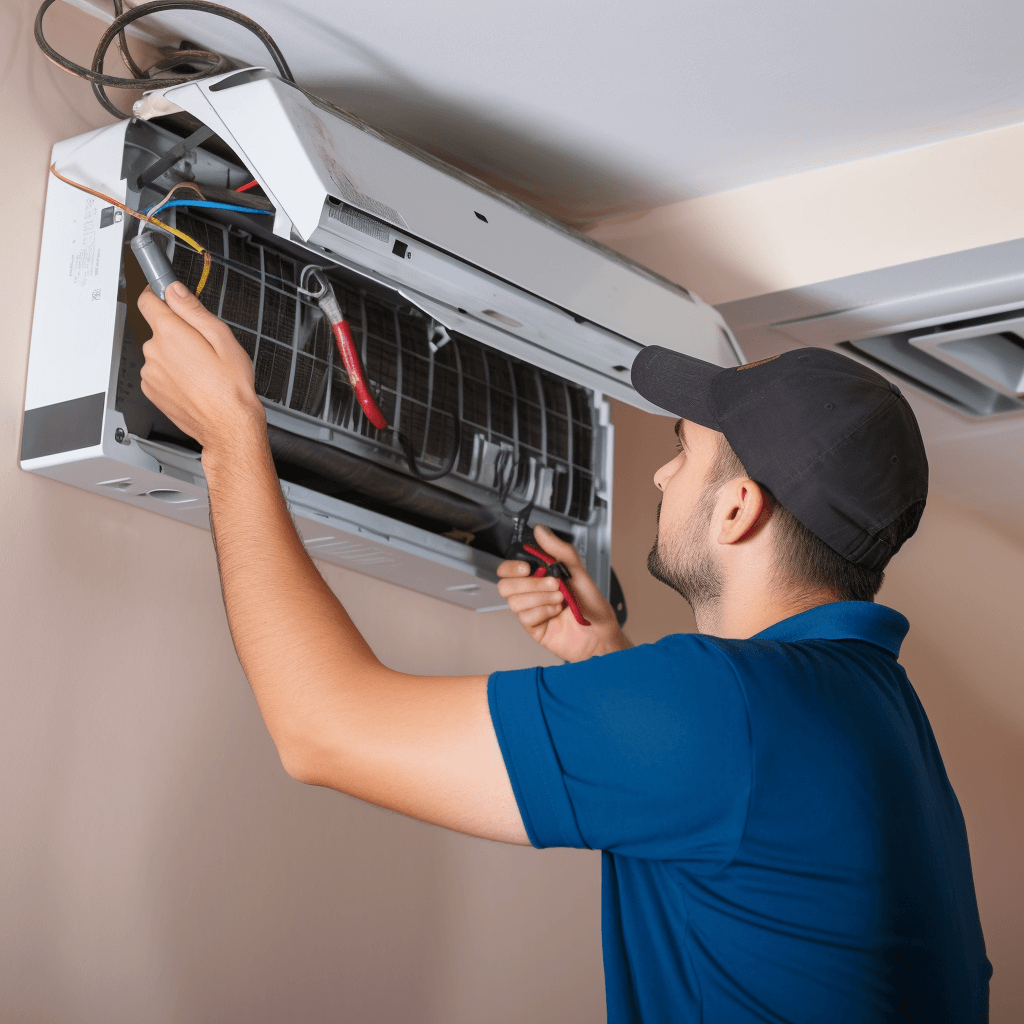 AirGreen technician repairing a wall heat pump