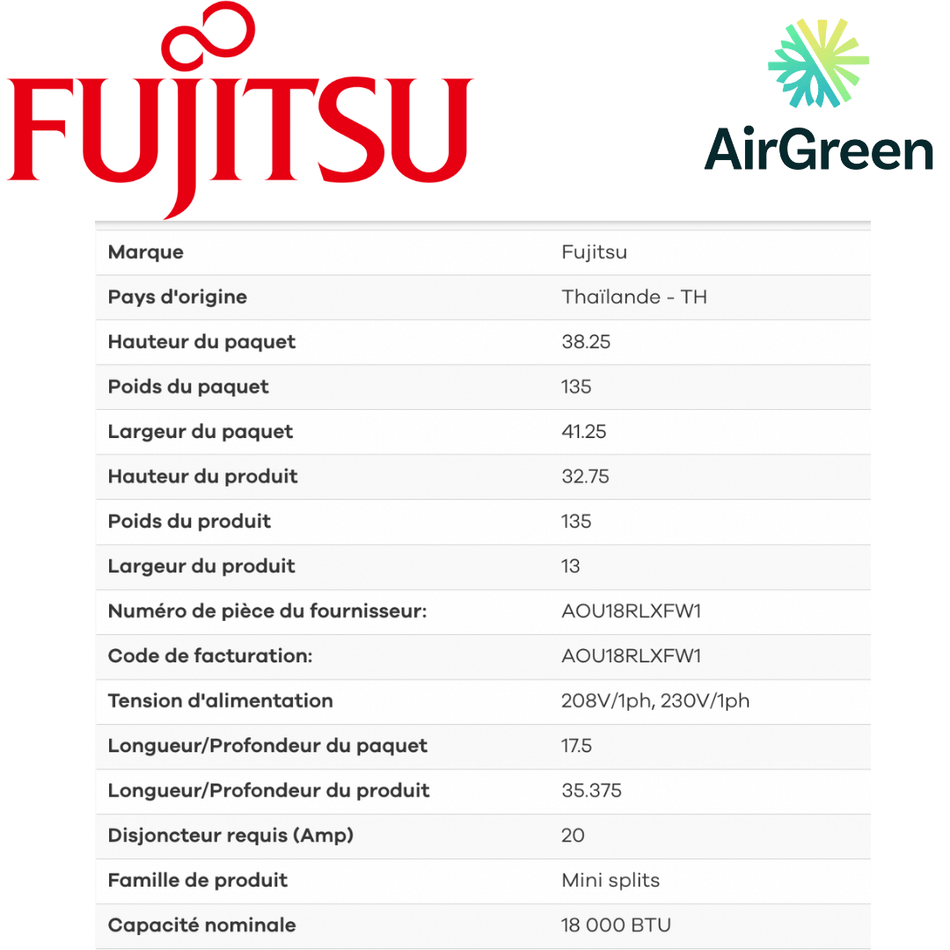 Installation thermopompe Fujitsu RLXFW1 de 18 000 BTU spec sheet with relevant information