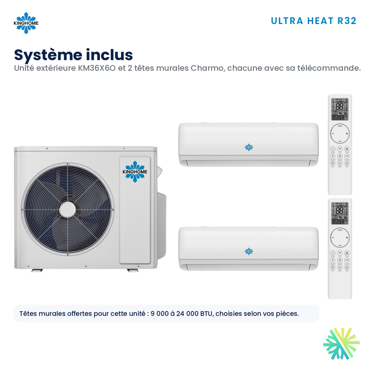 Thermopompe multizone Kinghome Ultra Heat R32 – système inclus 36 000 BTU, 2 zones – Rive-Sud, Rive-Nord, Montréal