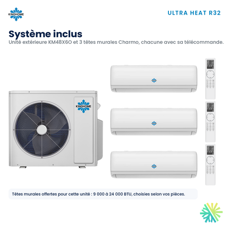 Thermopompe multizone Kinghome Ultra Heat R32 – système inclus 48 000 BTU, 3 zones – Laval, Longueuil, Rive-Sud