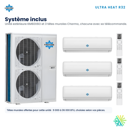 Thermopompe multizone Kinghome Ultra Heat R32 – système inclus 60 000 BTU, 3 zones – Rive-Sud, Rive-Nord, Montréal