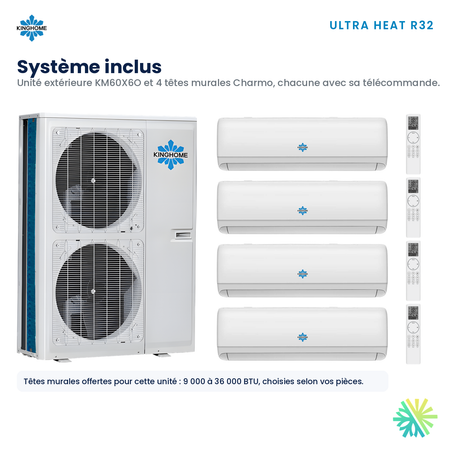 Thermopompe multizone Kinghome Ultra Heat R32 – système inclus 60 000 BTU, 4 zones – Montréal, Laval, Longueuil