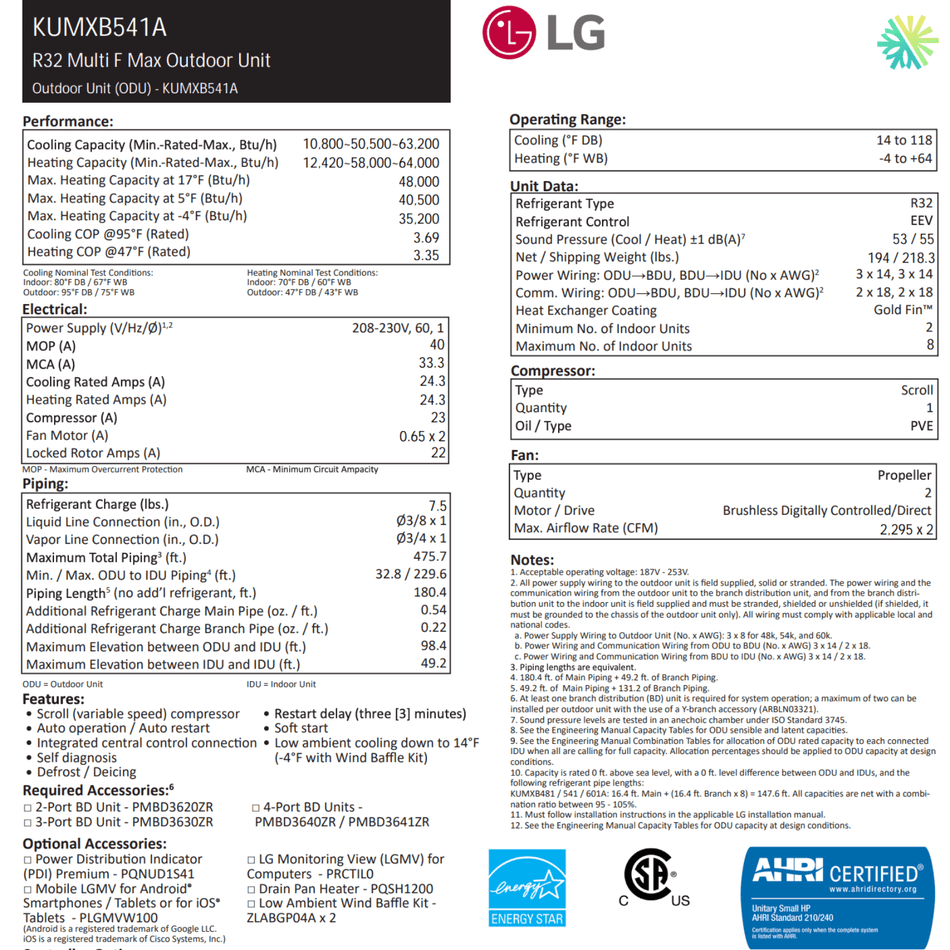 LG MULTI F MAX R32 6-Zone Heat Pump | 54,000 BTU Compressor
