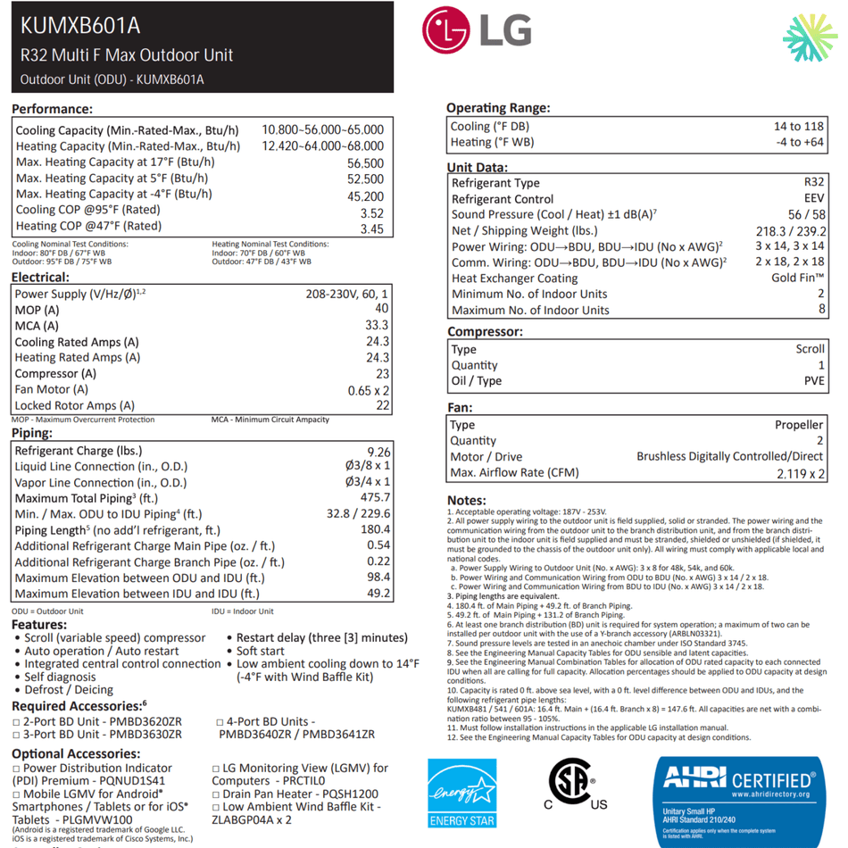 LG MULTI F MAX R32 3-Head Heat Pump | 60,000 BTU Compressor