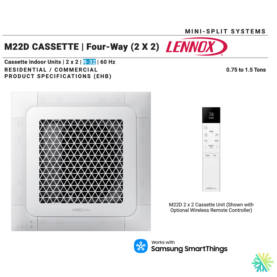 Cassette à 4 voies (2 x 2) LENNOX M22D | 9 000 BTU with remote controller, perfect for professional installation.