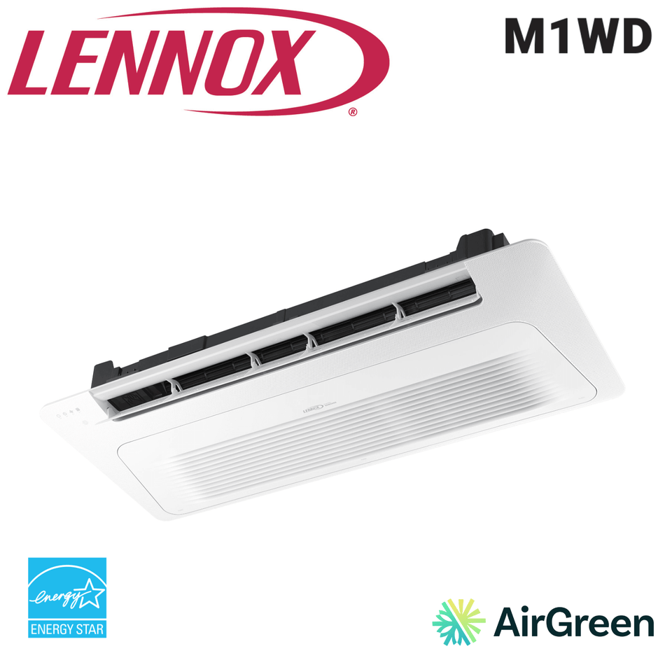 Cassettte Unidirectionnelle LENNOX M1WD 12000 BTU montrant design élégant et partenaires AirGreen, Energy Star.
