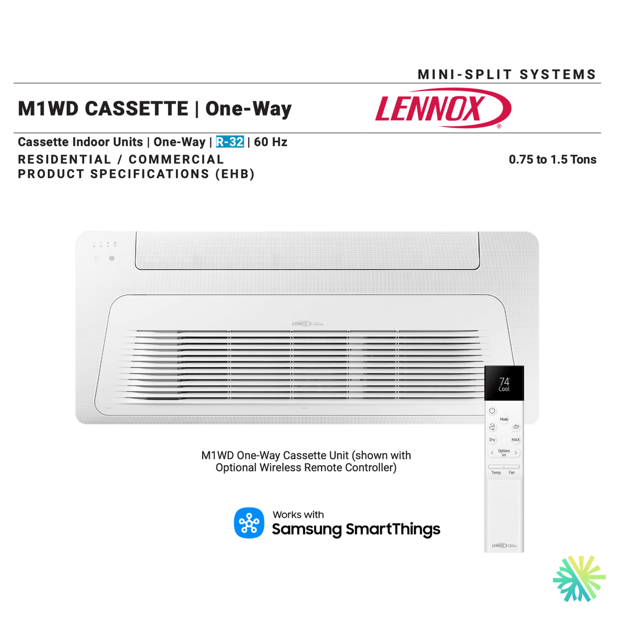 Image of Cassettte Unidirectionnelle LENNOX M1WD 9000 BTU, showing the one-way cassette unit with remote control.