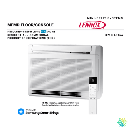 Console de Plancher LENNOX MFMD | 12000 BTU, image du climatiseur avec télécommande, efficacité énergétique