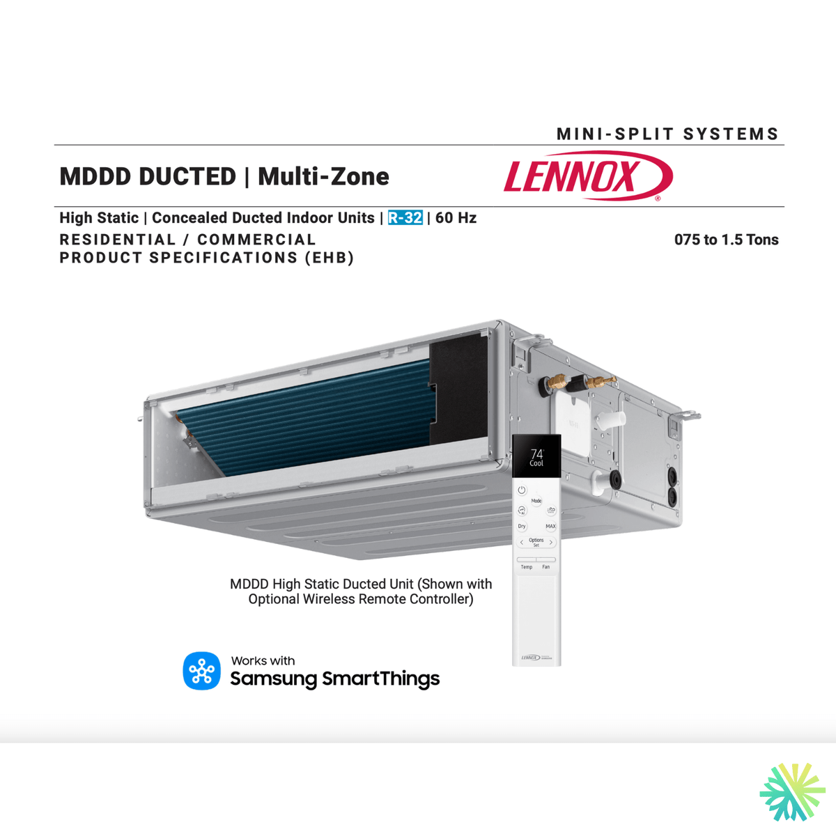Thermopompe Gainable LENNOX MDDD | 12000 BTU avec télécommande sans fil optionnelle et support SmartThings