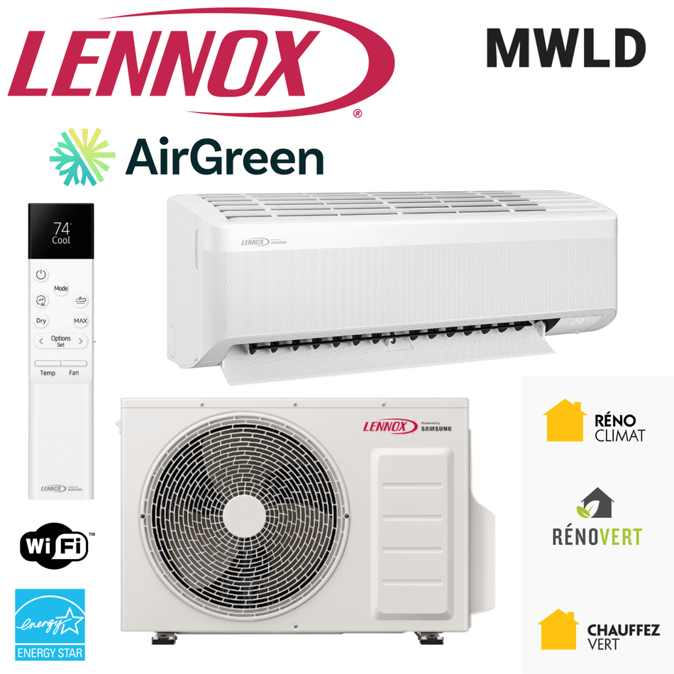 Thermopompe Murale LENNOX MWLD | 12 000 BTU displayed with remote and energy efficiency logos