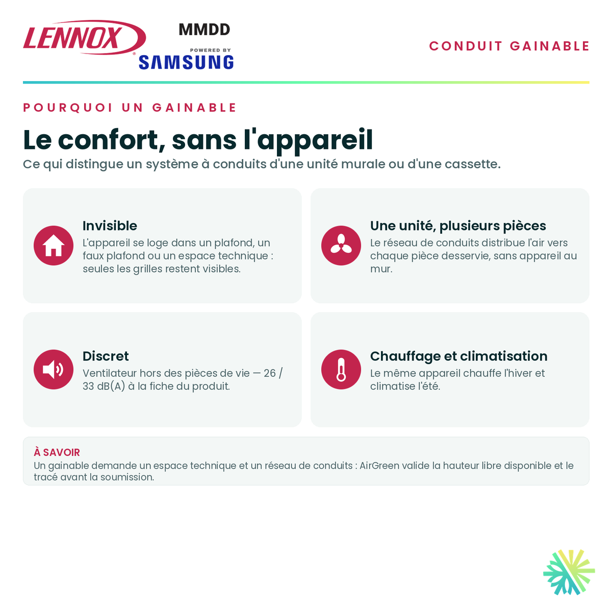 Pourquoi choisir un conduit gainable — appareil invisible, distribution par conduits, fonctionnement discret · Climatiseur Gainable LENNOX MMDD 9 000 BTU · AirGreen, Montréal, Laval, Longueuil, Rive-Sud et Rive-Nord