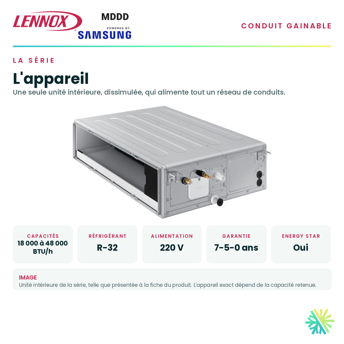 Unité intérieure de la série et ses caractéristiques principales — capacités offertes, réfrigérant, alimentation et garantie · Conduit Gainable LENNOX MDDD 30 000 BTU · AirGreen, Montréal, Laval, Longueuil, Rive-Sud et Rive-Nord
