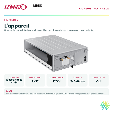 Unité intérieure de la série et ses caractéristiques principales — capacités offertes, réfrigérant, alimentation et garantie · Conduit Gainable LENNOX MDDD 18 000 BTU · AirGreen, Montréal, Laval, Longueuil, Rive-Sud et Rive-Nord