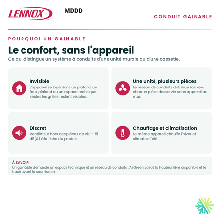 Pourquoi choisir un conduit gainable — appareil invisible, distribution par conduits, fonctionnement discret · Conduit Gainable LENNOX MDDD 24 000 BTU · AirGreen, Montréal, Laval, Longueuil, Rive-Sud et Rive-Nord