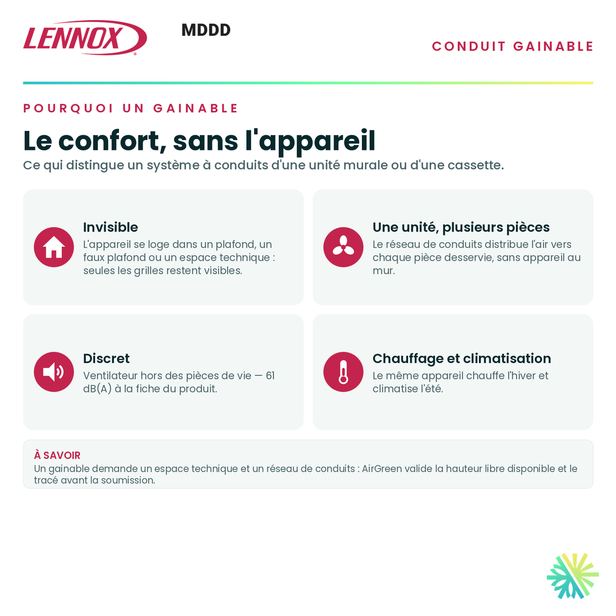 Pourquoi choisir un conduit gainable — appareil invisible, distribution par conduits, fonctionnement discret · Conduit Gainable LENNOX MDDD 18 000 BTU · AirGreen, Montréal, Laval, Longueuil, Rive-Sud et Rive-Nord