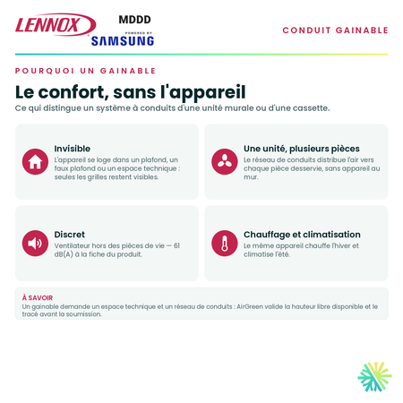 Pourquoi choisir un conduit gainable — appareil invisible, distribution par conduits, fonctionnement discret · Conduit Gainable LENNOX MDDD 30 000 BTU · AirGreen, Montréal, Laval, Longueuil, Rive-Sud et Rive-Nord