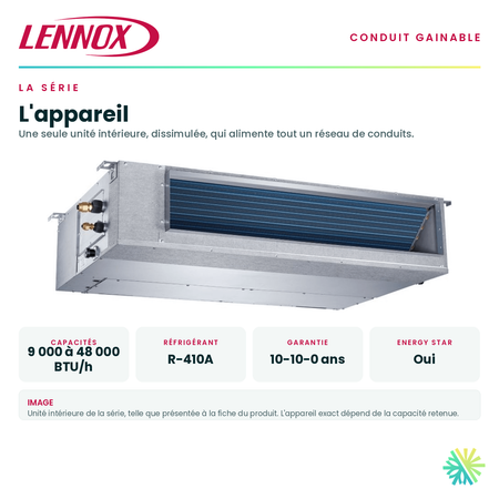 Unité intérieure de la série et ses caractéristiques principales — capacités offertes, réfrigérant, alimentation et garantie · Système Gainable Lennox 36 000 BTU · AirGreen, Montréal, Laval, Longueuil, Rive-Sud et Rive-Nord