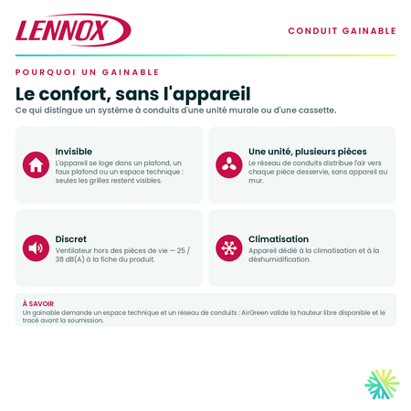 Pourquoi choisir un conduit gainable — appareil invisible, distribution par conduits, fonctionnement discret · Système Gainable Lennox 24 000 BTU · AirGreen, Montréal, Laval, Longueuil, Rive-Sud et Rive-Nord