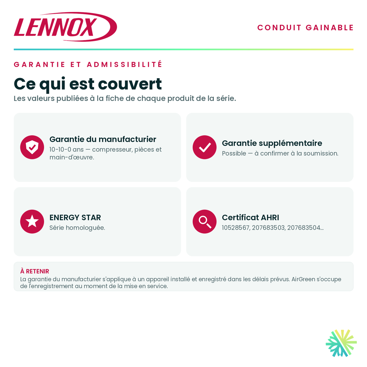 Garantie du manufacturier, garantie supplémentaire, homologation ENERGY STAR et admissibilité de la série · Système Gainable Lennox 9 000 BTU · AirGreen, Montréal, Laval, Longueuil, Rive-Sud et Rive-Nord