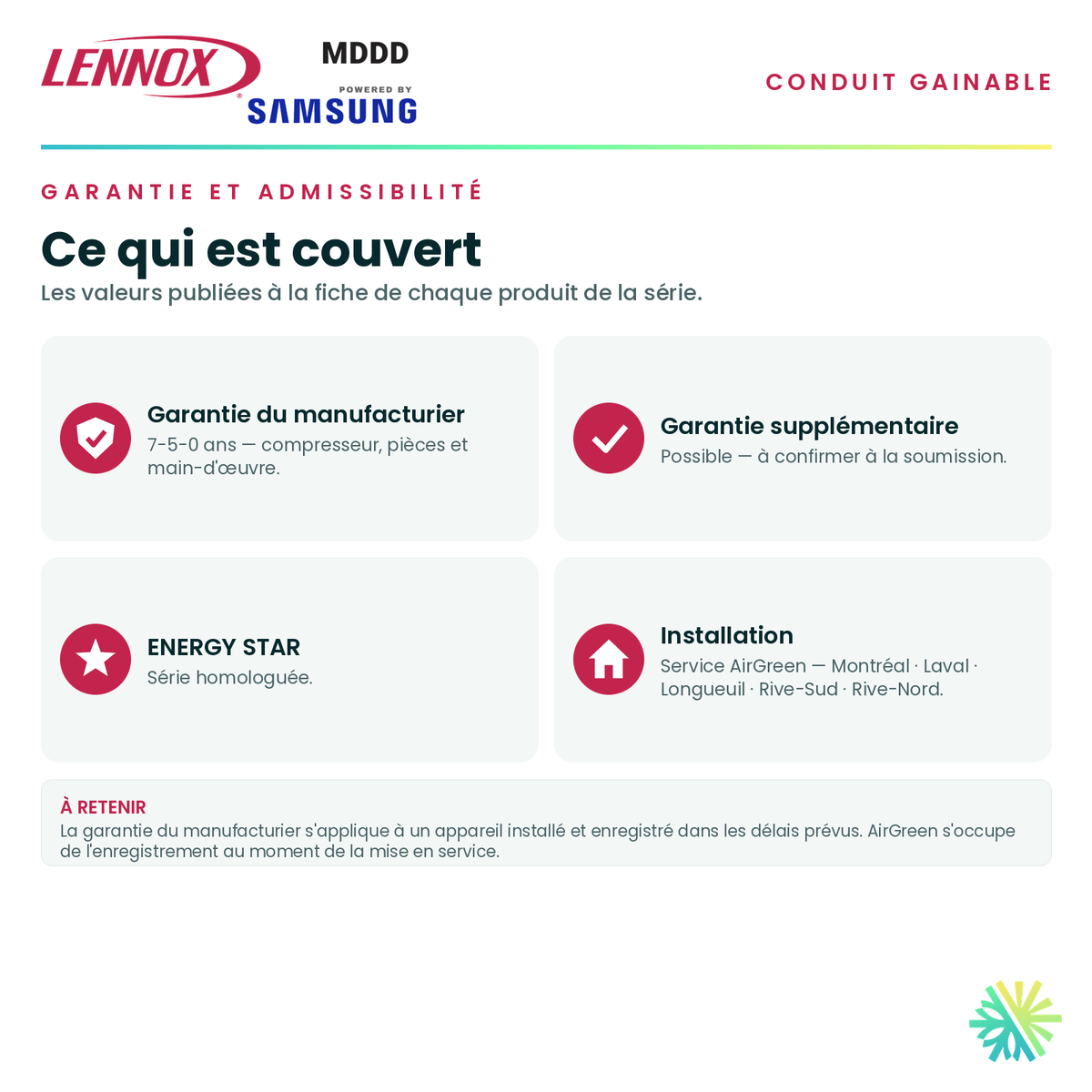Garantie du manufacturier, garantie supplémentaire, homologation ENERGY STAR et admissibilité de la série · Thermopompe Gainable LENNOX MDDD 15 000 BTU · AirGreen, Montréal, Laval, Longueuil, Rive-Sud et Rive-Nord