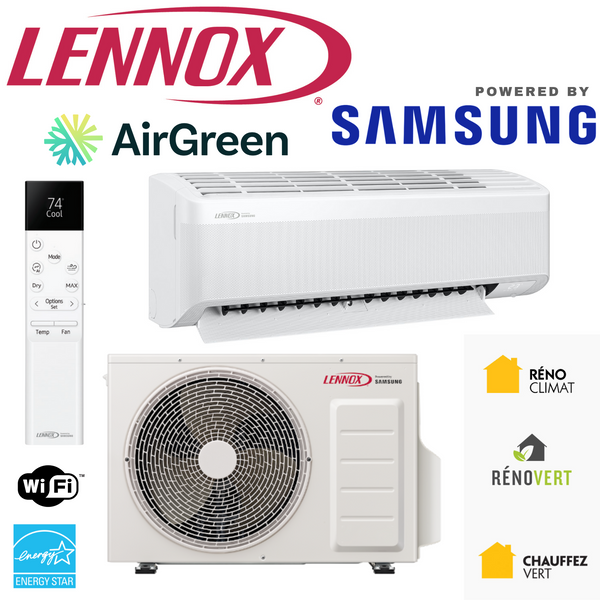 Lennox air conditioner powered by Samsung, featuring remote control, Energy Star certified, with AirGreen technology.