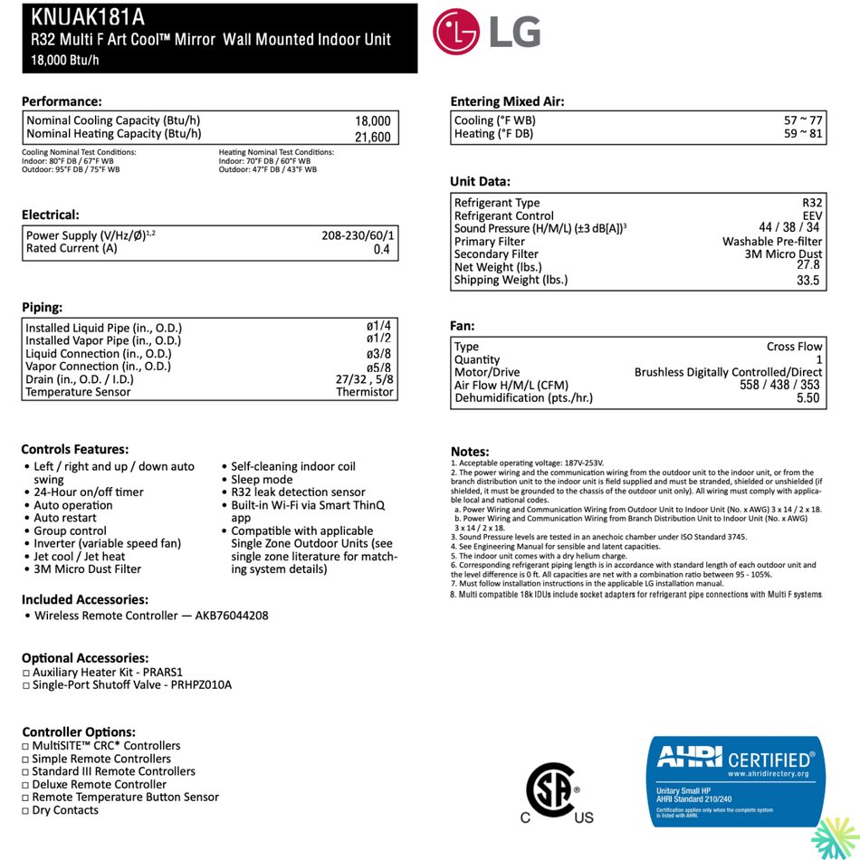 LG ARTCOOL MIRROR Mini Split (Black) | R32 | 18000 BTU