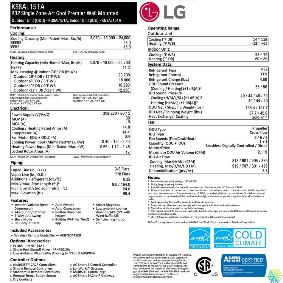 LG ARTCOOL PRESTIGE R32 Wall-Mounted Heat Pump | 15,000 BTU (-25°C)