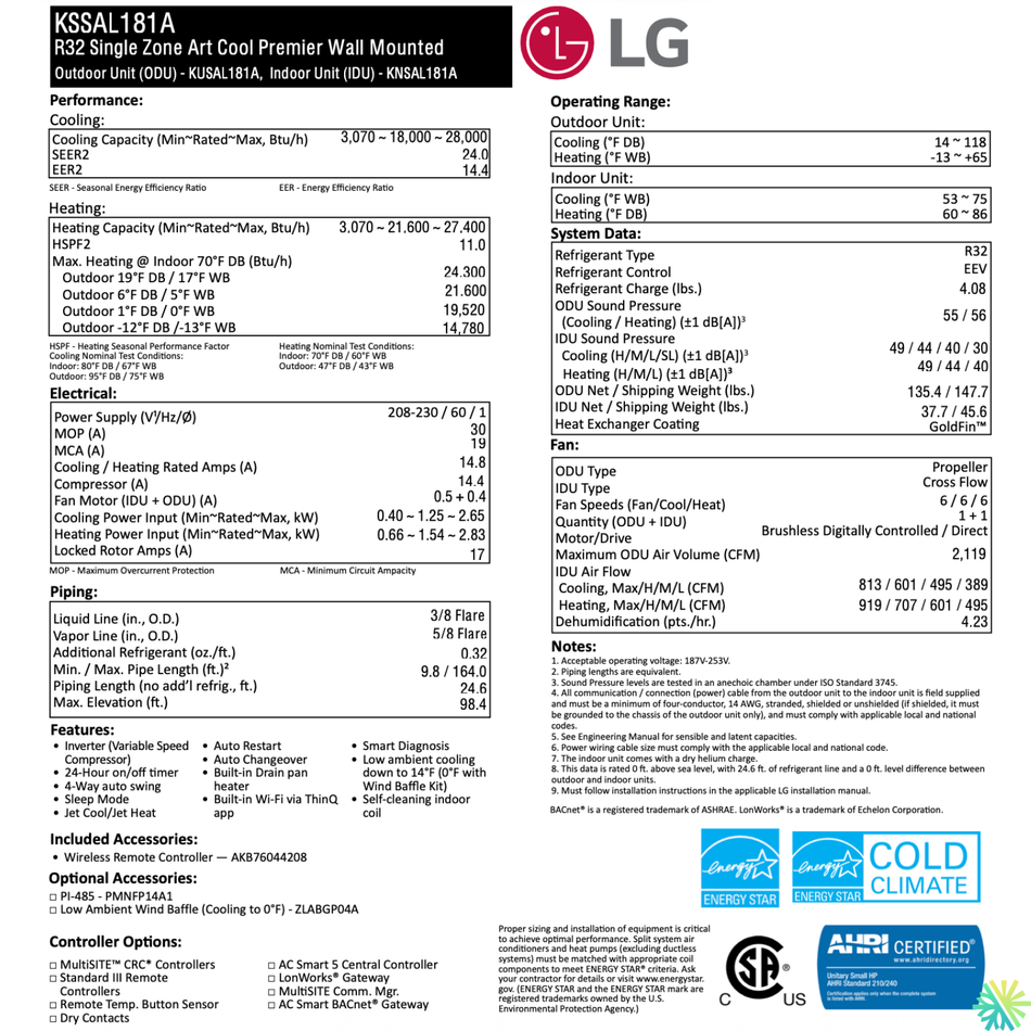 LG ARTCOOL PRESTIGE R32 Wall-Mounted Heat Pump | 18,000 BTU (-25°C)