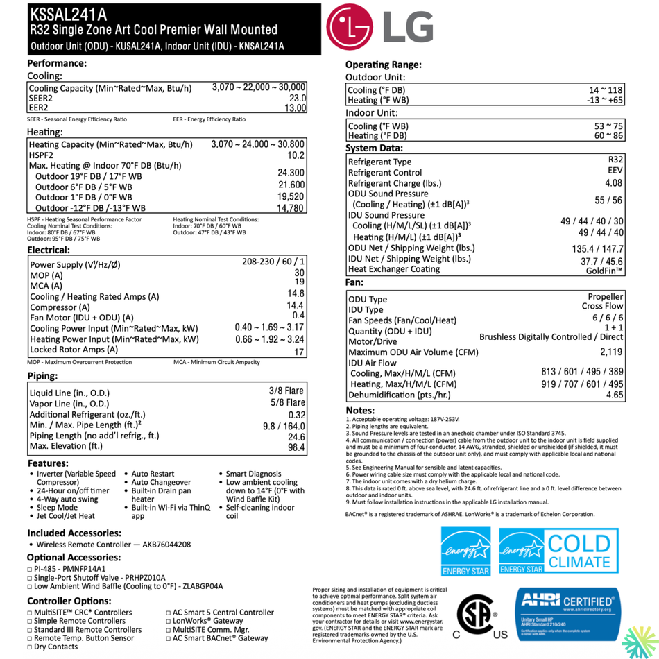 Thermopompe Murale LG ARTCOOL PRESTIGE R32 | 24 000 BTU (-25°C)